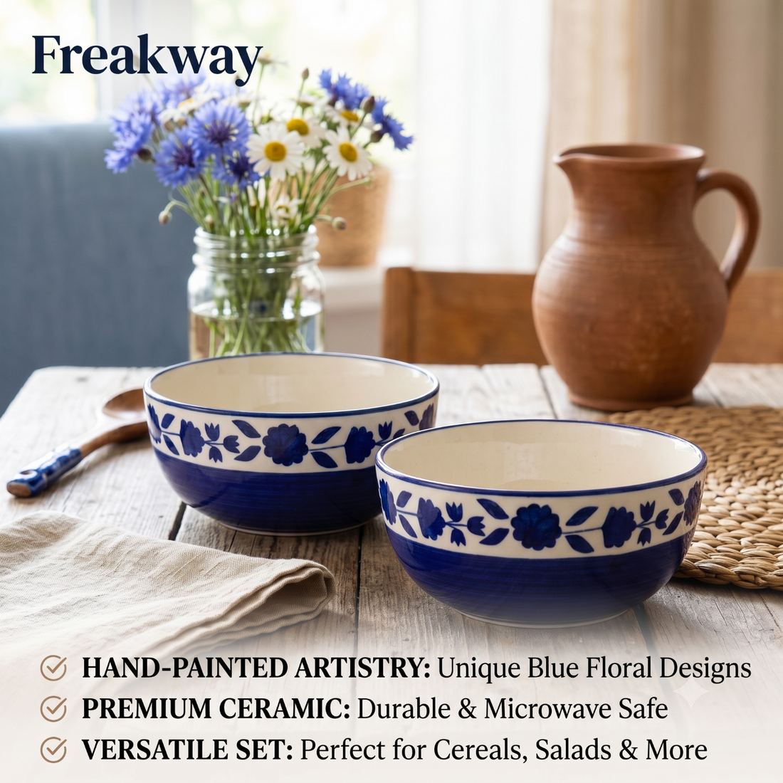 Freakway Handcrafted Floral Ceramic Serving Bowl Set of 2, 1000ml