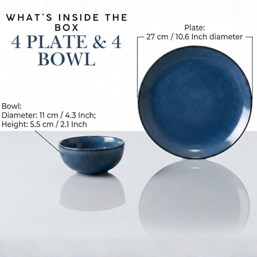 Freakway Reactive Glaze Dinner Set, Midnight Blue, Stoneware, 8 Piece, 4 Dinner Plates and 4 Serving Bowls