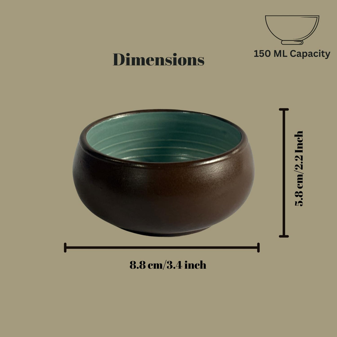Freakway Handcrafted Ceramic Serving Bowls – Set of 4 | Dual Tone (Brown & Teal) | 150 ml Each | Microwave & Dishwasher Safe