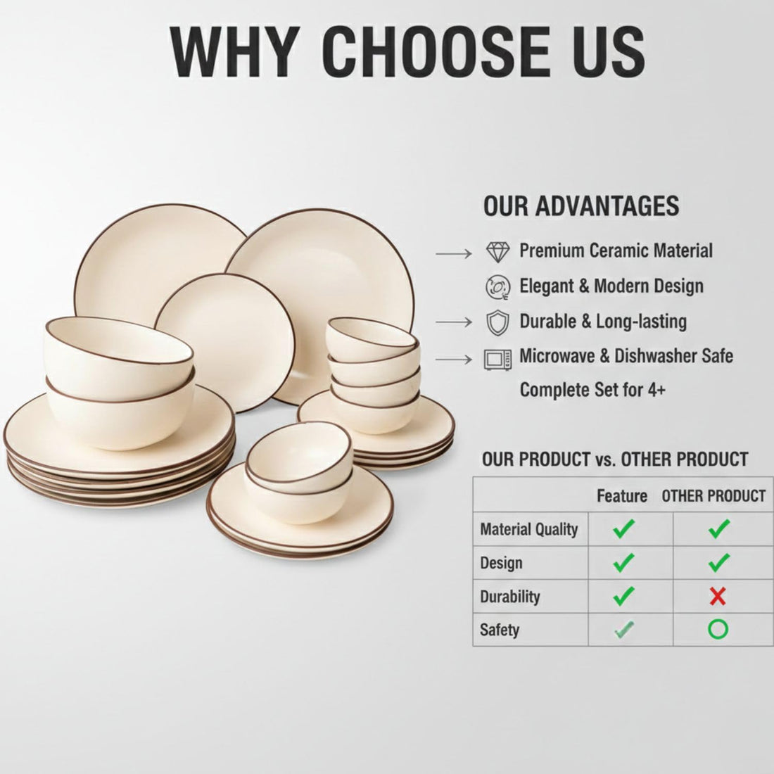 Freakway Hand Painted Ceramic Dinner Set, 20 Pieces, Ivory White with Brown Rim, Stoneware, Microwave & Dishwasher Safe