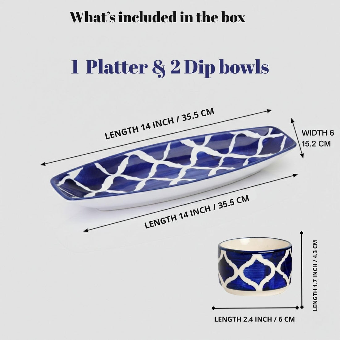 Freakway Hand Painted Blue Umrao/Morrocan Ceramic Starter Plate | Kebab Platter | Serving Tray | Snack Plate with 2 Dip Bowl (Blue,14 Inch) (1 Platter 2 Dips)
