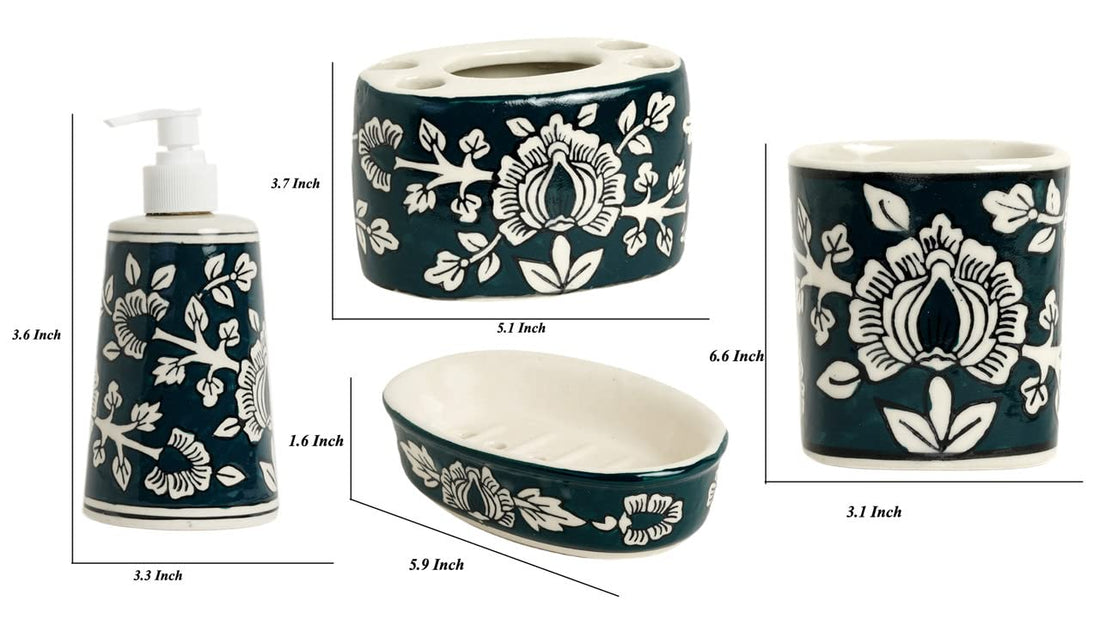 Freakway Mughal Art Handpainted Ceramic Bathroom Accessories Set of 4 (Liquid Soap Dispenser, Soap Tray, Toothbrush Holder, Tumbler)-Green & White