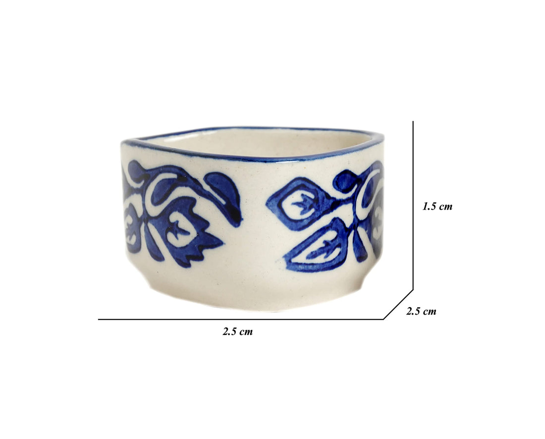 Freakway Handpainted Floral Studio Pottery Ceramic Dip Bowl/Chutney Bowl/Pickle Bowl/Sauce Bowl/Small Katori Set | Triangle Shape |(50 ML, Small, Set of 4, Blue and White)