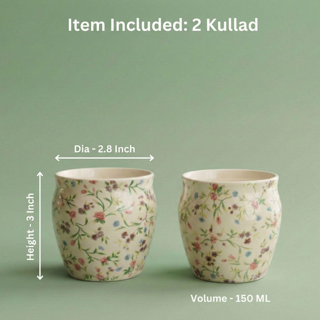 Freakway Hand-Painted Ceramic Floral Kullad Set, Multicolor Tea Cups, Set of 2