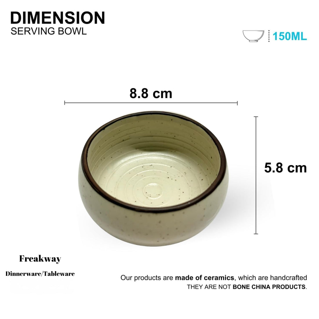 Freakway Handcrafted Speckled Ceramic Bowl – 150 ml | Minimalist Beige with Brown Rim-Set of 4