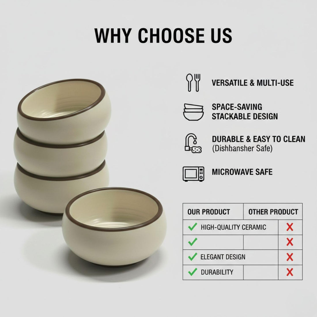 Freakway Ceramic Serving Bowls Set of 6-150ml Small Bowls Cream Brown Rim | Microwave Safe for Snacks Chutney Dessert Dips