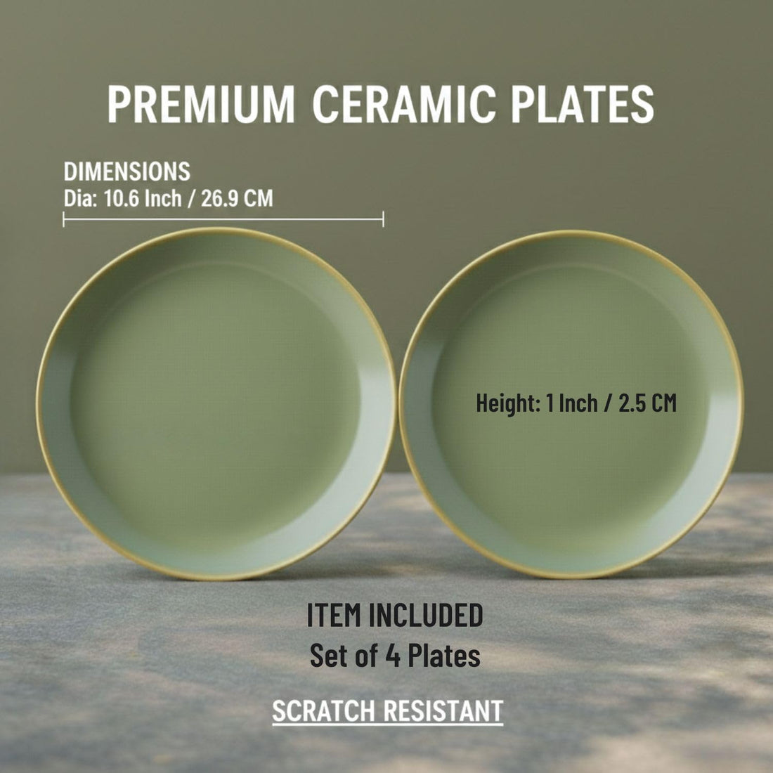 Freakway Pista Green Stoneware Dinner Plates with Gold Rim, Round, Set of 4, Modern Contemporary Style Set of 4