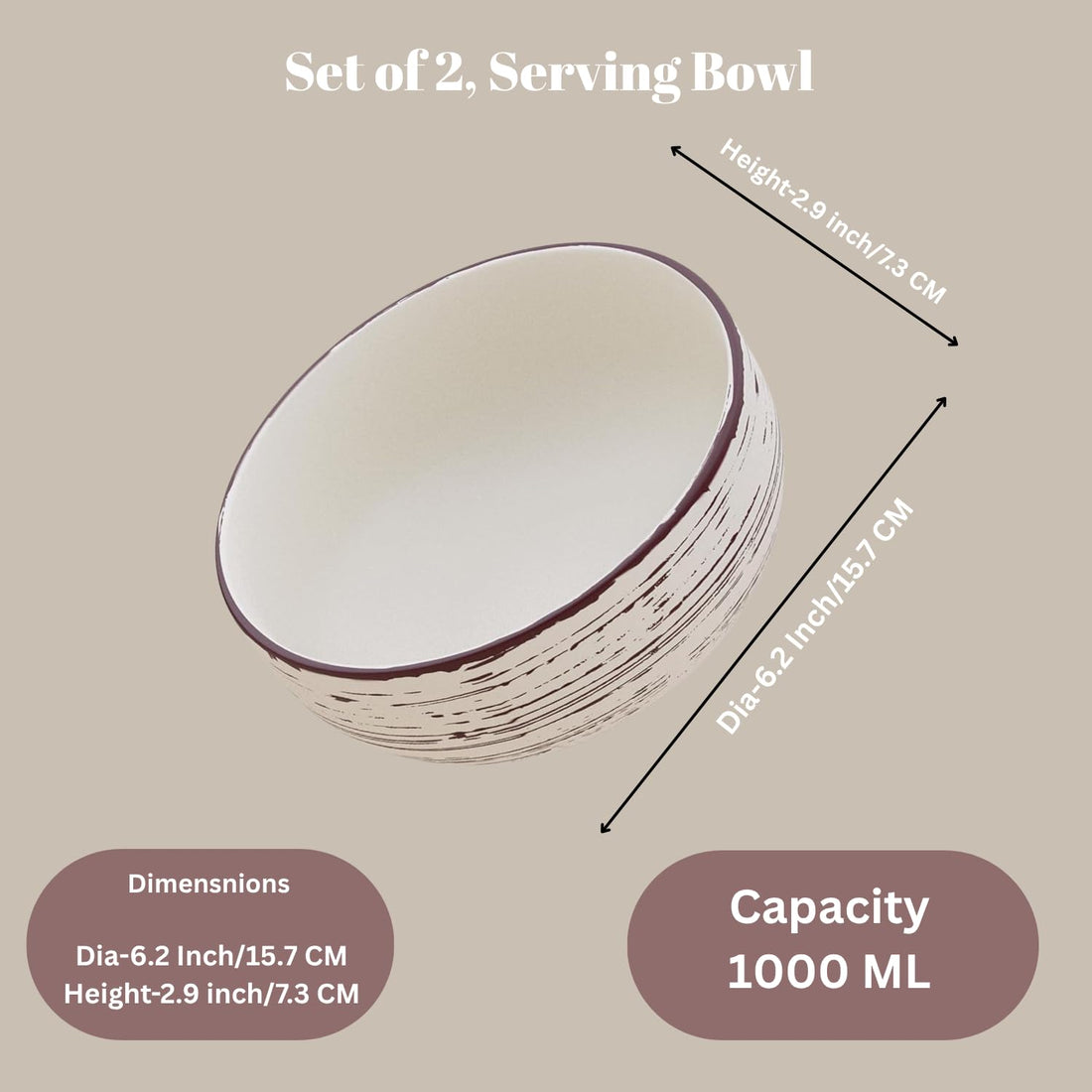 Freakway 1000 ML Ceramic Serving Bowls – Handcrafted Rustic Design, Set of 2-Twist Brown