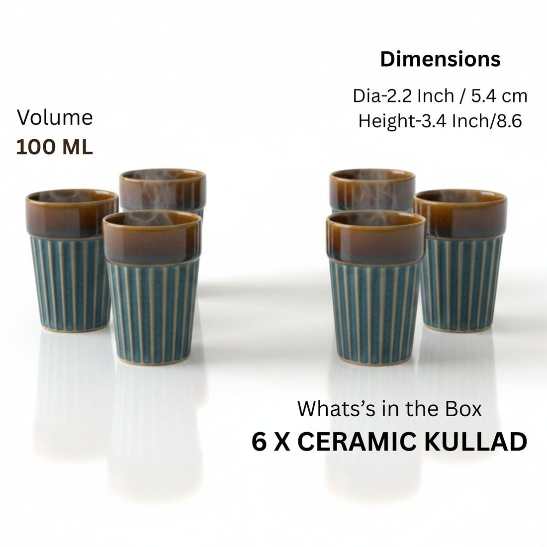 Freakway Modern Ribbed Ceramic Tea & Coffee Cups, Set of 6, Teal Blue & Brown Dual-Tone Kullads, Microwave & Dishwasher Safe