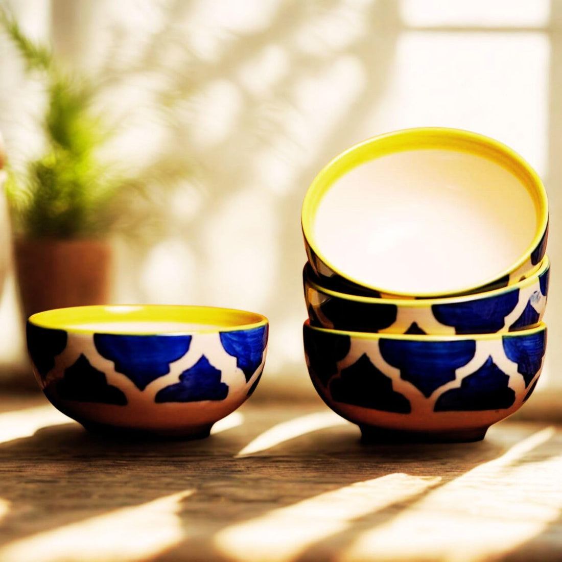 Freakway Hand-Painted Four Moroccan Ceramic Katorifor Bowl/Dessert Bowl/Soup Bowl (180 ml, Set of 4) Microwave Safe