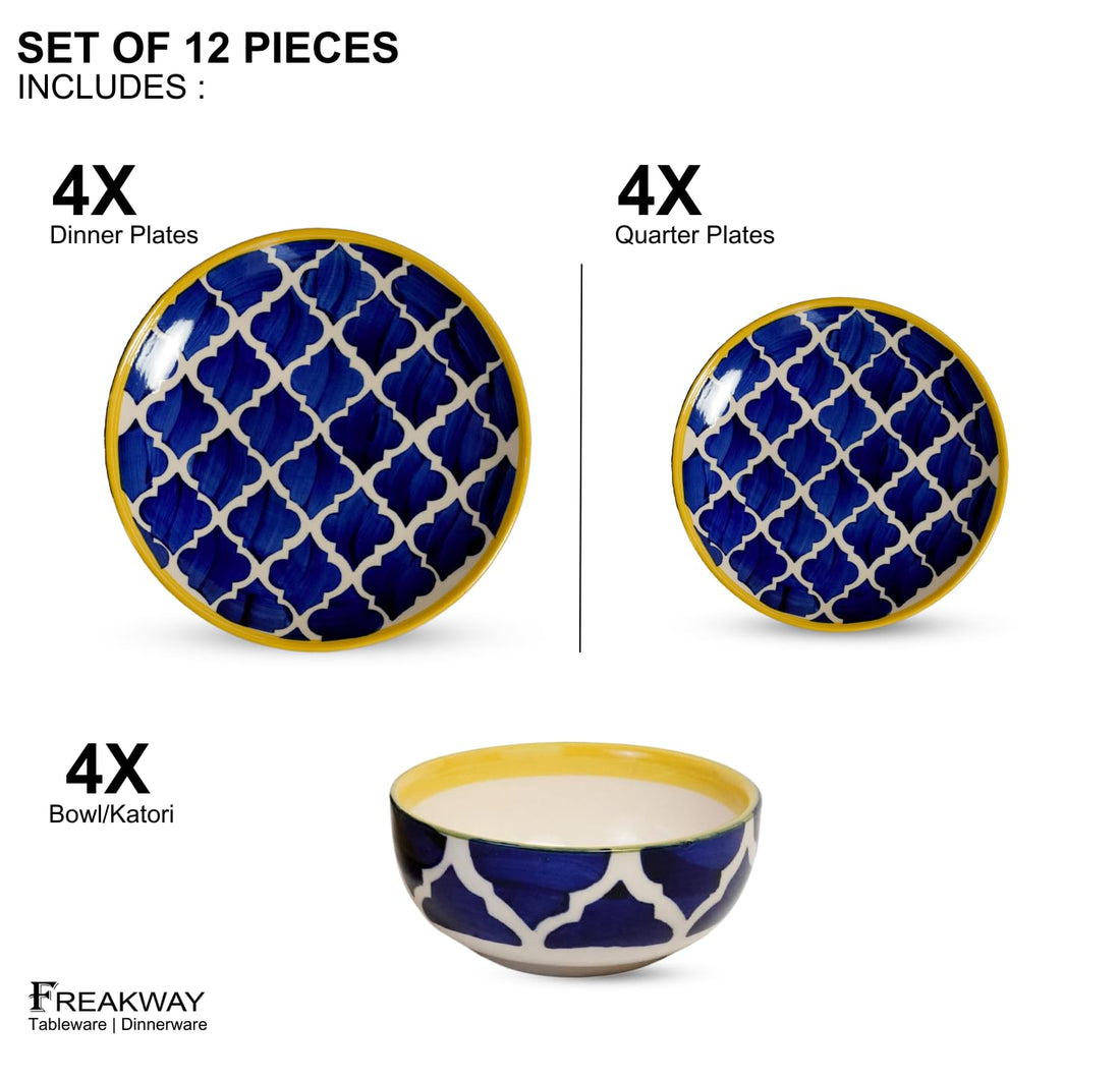 Freakway Moroccan Hand-Painted Stoneware Premium Dinner Set Ceramic 12 Pcs for Family of 4 | 4 Dinner Plates, 4 Side/Quarter Plates & 4 Bowl/katori | Dishwasher & Microwave Safe - Blue