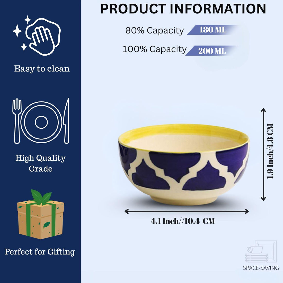 Freakway Hand-Painted Two Moroccan Ceramic Katorifor Bowl/Dessert Bowl/Soup Bowl (180 ml, Set of 2) Microwave Safe