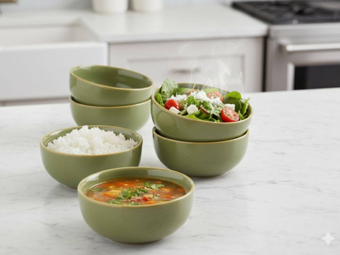 Freakway Dinner Bowls, Green Ceramic, Set of 6