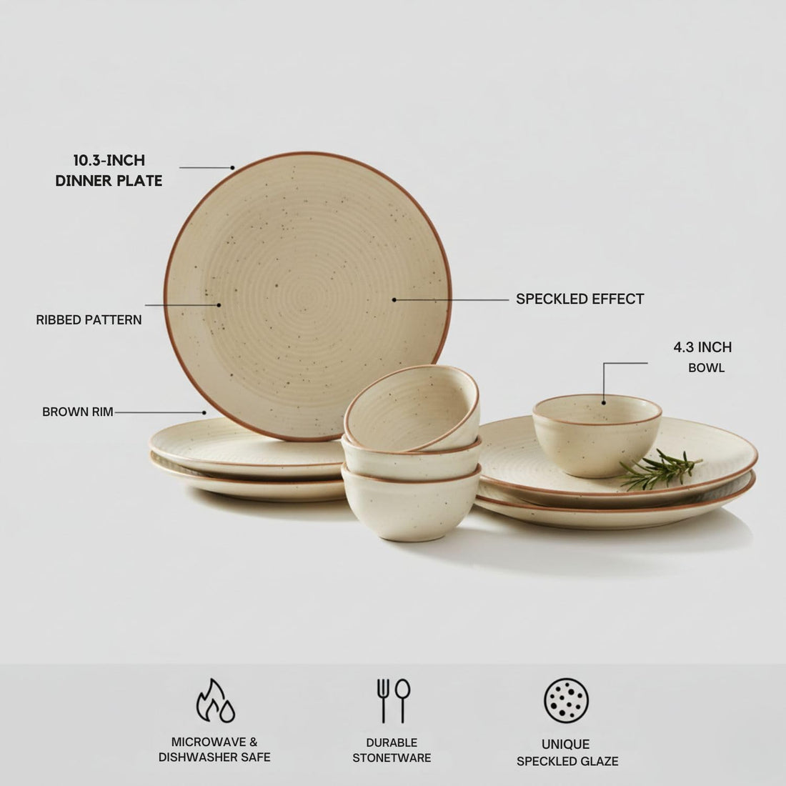Freakway Cream Matte Finish Handcrafted Dinner Set Ceramic Stoneware Dinner Set of 8 Pieces | 4 Dinner Plates & 4 Serving Bowl | Dishwasher & Microwave Safe - Off White