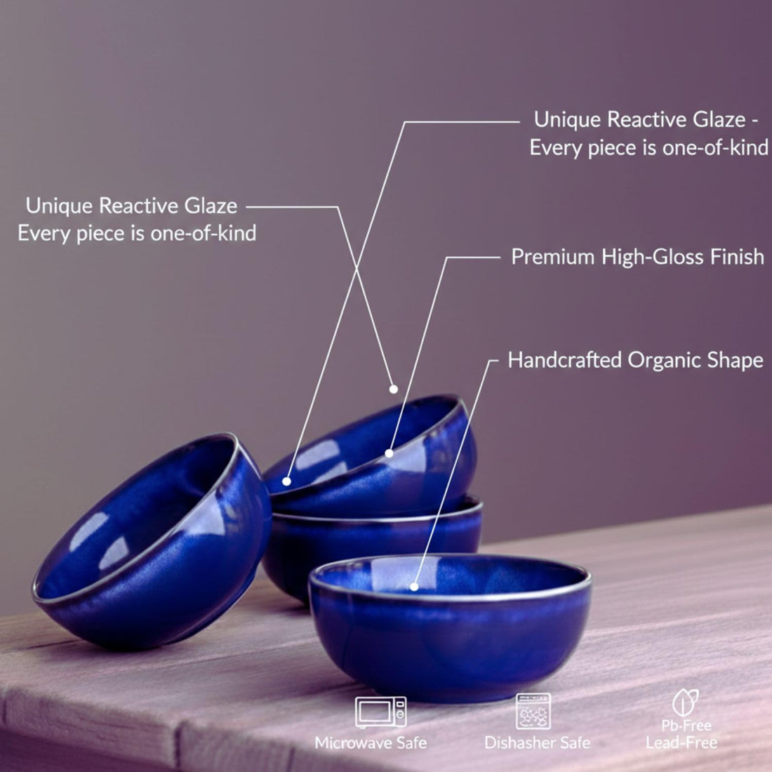 Freakway Ceramic Bowls Set of 4, Midnight Blue, Round, 180ml Capacity, Microwave and Dishwasher Safe