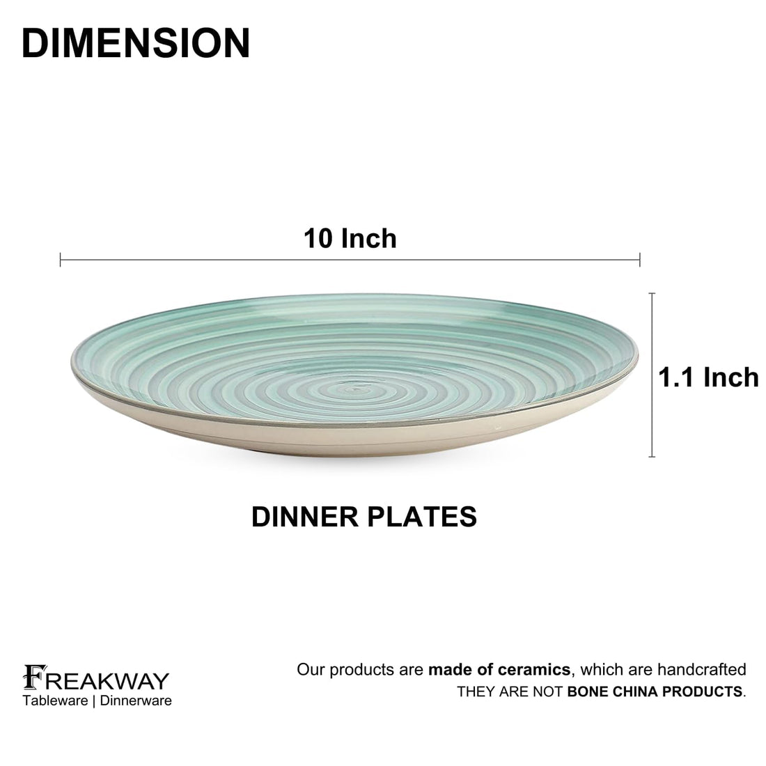 Freakway Hand-Painted 'Sea Swirls' Stoneware Dinner Plates 10.2 Inch Set of 6 Pieces Serving Plate Thali Ceramic Plates for Dinner | Microwave & Dishwasher Safe | Green
