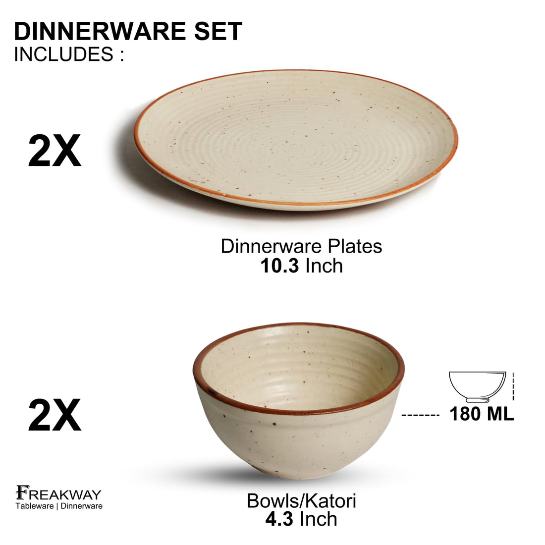 Freakway Handcrafted Ceramic Stoneware Cream White Geometric Dinner Plates 10 Inches with Serving Bowl Set of 4 Pieces | 2 Dinner Plates with 2 Bowls | Dishwasher & Microwave Safe - Off White