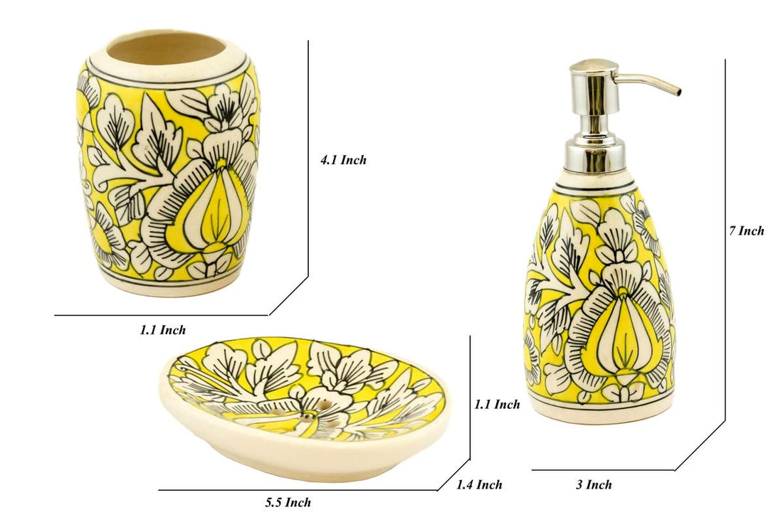 Freakway Decorated Floral Design Ceramic Bath Decor Bathroom Accessory Set of 3 (Liquid Soap Dispenser, Toothbrush Holder, Soap Tray)_ (Yellow & White)
