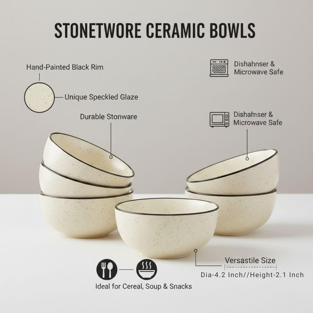 Freakway Hand-Painted White Ceramic Black Dotted Speckled Bowl Set of 6 (200ml) | Small Serving Soup Bowls, Cereal Bowl, Pasta Bowls | Dishwasher & Microwave Safe - Off White