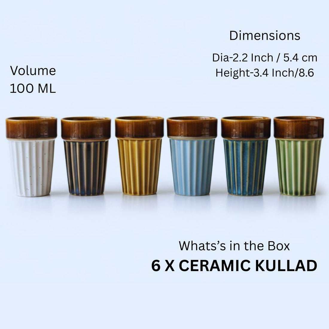 Freakway Highline Series Hand-Glazed Ceramic Chai Glasses, Modern Ribbed Stoneware Cups for Authentic Tea Experience, Set of 6