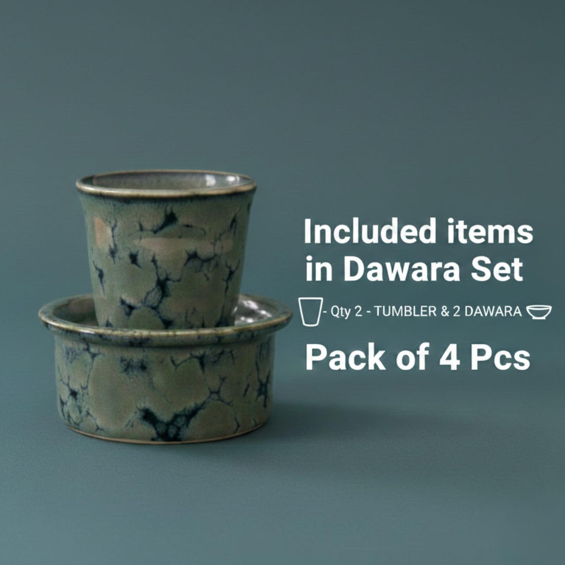 Freakway Premium Signature Ceramic Dawara and Tumbler Set for South Indian Filter Coffee, Grey Blue Reactive Glaze, 130 ml, Set of 4