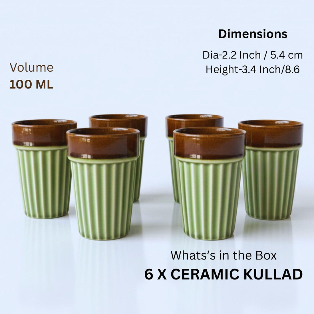 Freakway Premium Ceramic Kullads Set, Traditional Indian Design Tea & Coffee Cups, Mint Green & Brown, 100ml Fluted, Microwave & Dishwasher Safe, 6 Pack