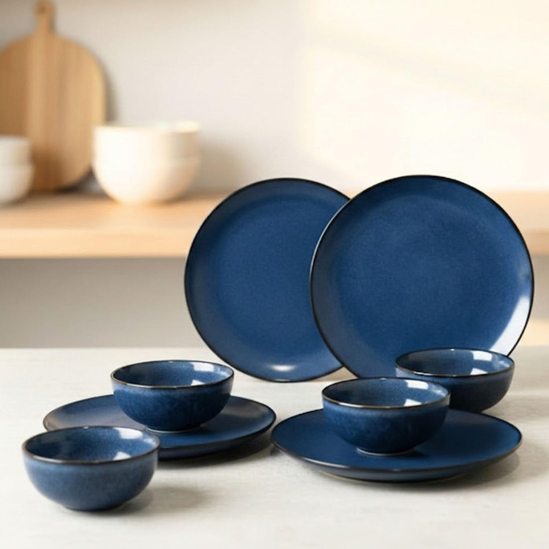 Freakway Reactive Glaze Dinner Set, Midnight Blue, Stoneware, 8 Piece, 4 Dinner Plates and 4 Serving Bowls