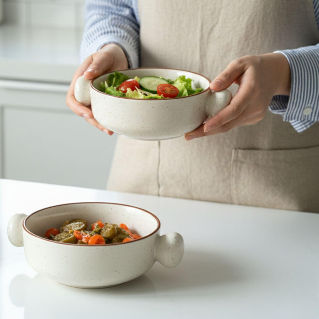 Freakway Ceramic Soup & Pasta Bowl Set, 2 Piece Speckled Stoneware with Side Handles, Microwave and Dishwasher Safe
