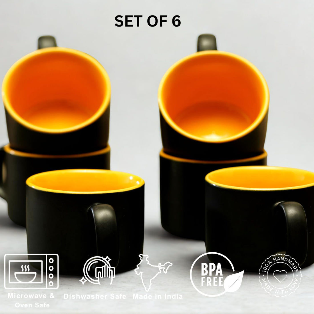 Freakway Hand-Painted Classy & Unique Studio Pottery Tea/Coffee Cups in Ceramic (Set of 6, Microwave Safe) Color-Black & Yellow