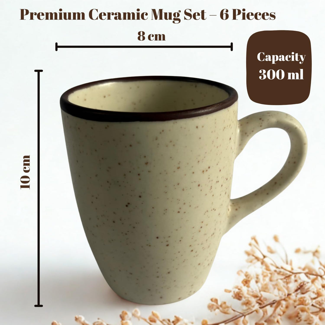 Freakway Stone Speckle Ceramic Coffee Mugs ? Set of 6, 300ml Each ? Rustic Matte Finish