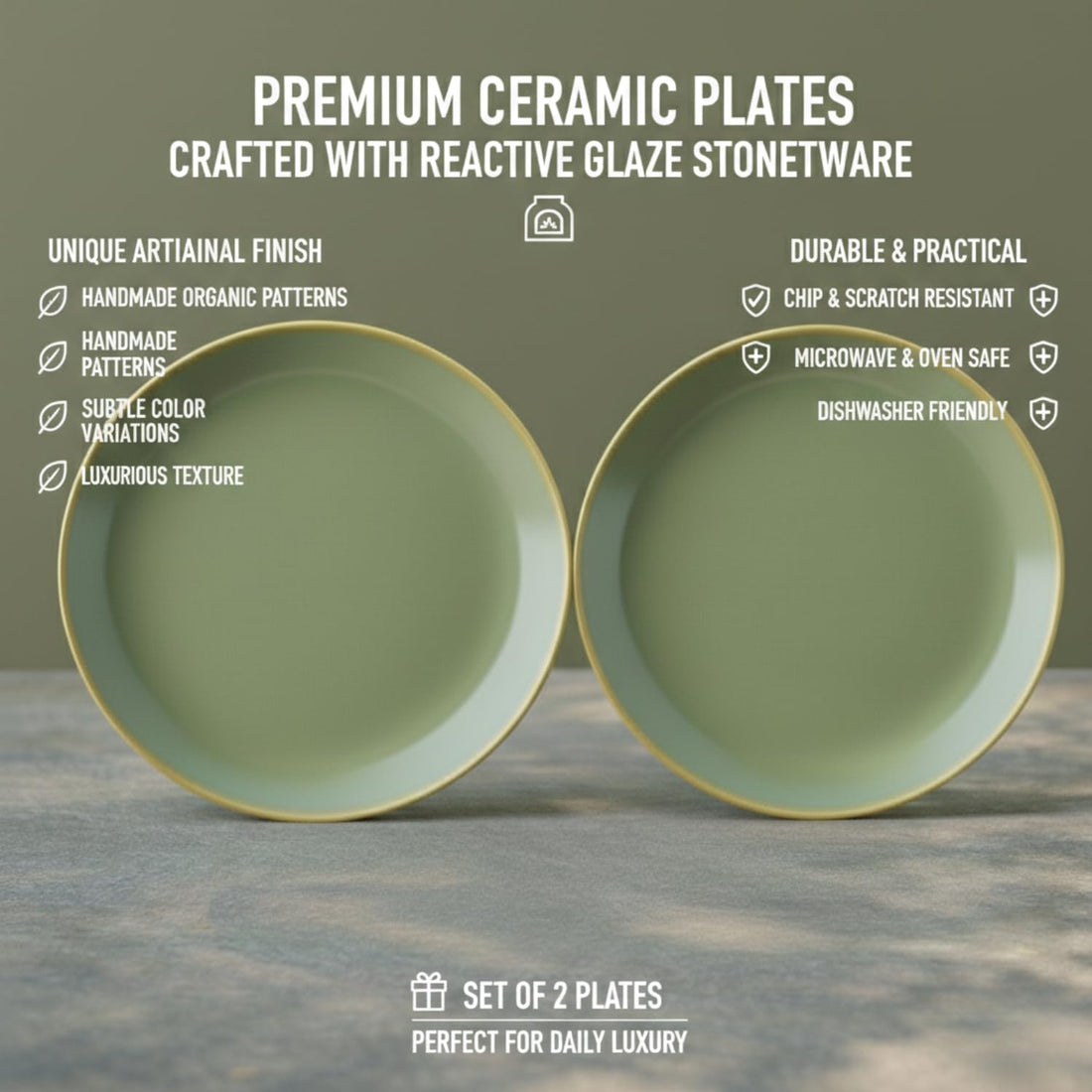 Freakway Pista Green Stoneware Premium Reactive Glaze Dinner Plates with Gold Rim - 10.6 Inch, Sage Green, Set of 2 | Scratch Resistant & Microwave Safe