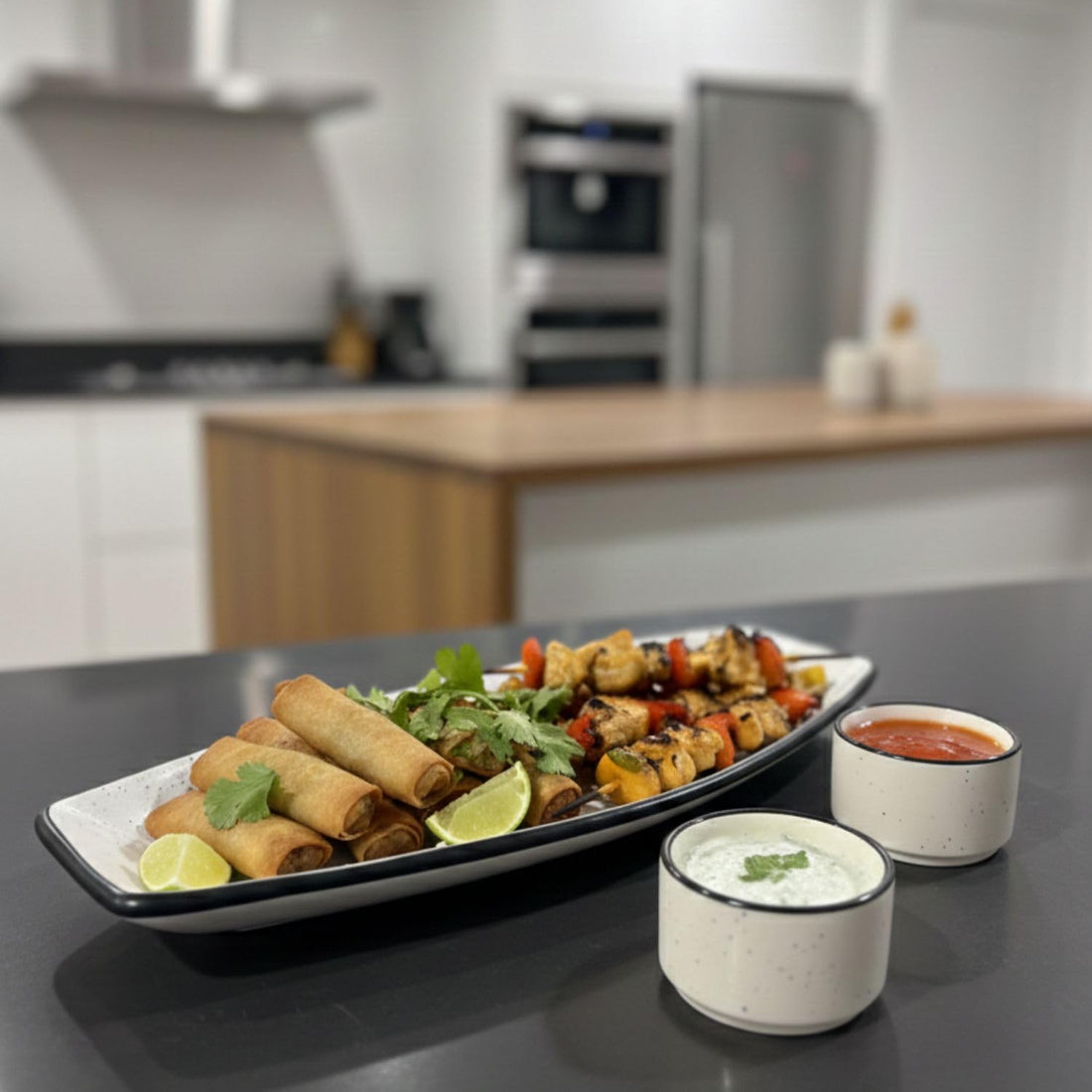 Freakway Ceramic Serving 1 Platter with 2 Dip Bowl | Stylish Snack Plate Set for Serving French Fries, Pasta, Momos, Nachos & More | Elegant Ceramic Serveware with Chutney & Dip Bowl