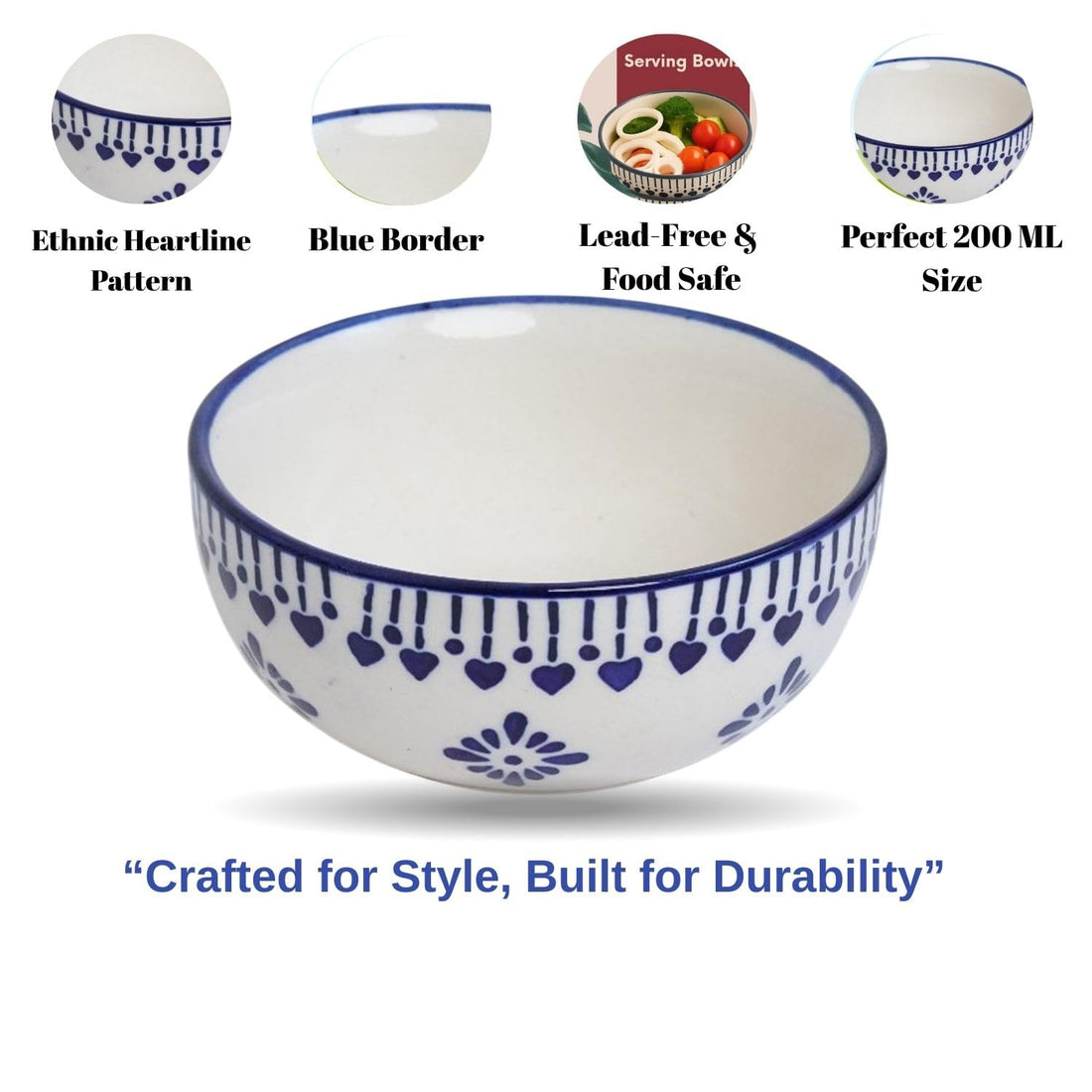 Freakway Handcrafted Ceramic Serving Bowls Set | 200 ML | Microwave Safe, Chip-Resistant Stoneware for Soup, Snacks & Desserts (Set of 2, Blue & White)