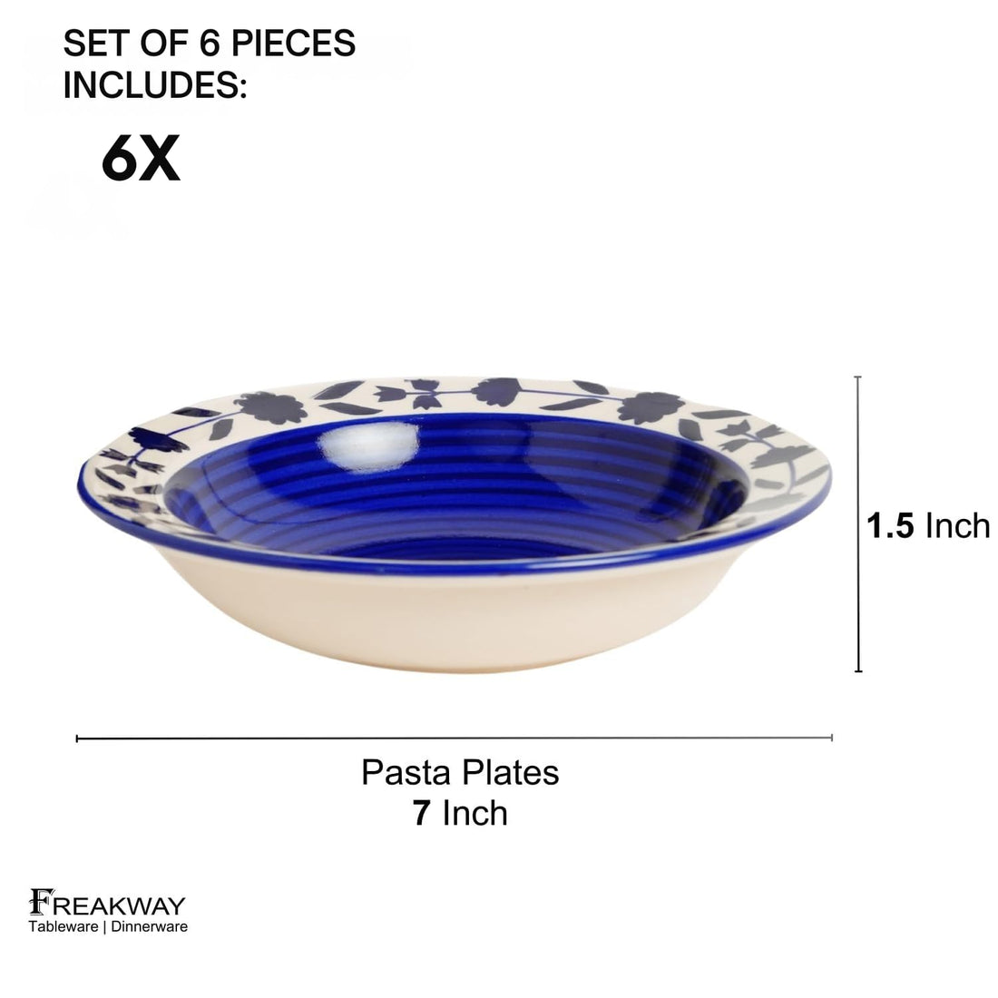 Freakway Ceramic Royal Blue Floral Soup/Maggi/Pasta/Dessert Blue & White Floral Pattern 7 Inches Diameter (Set of 6)