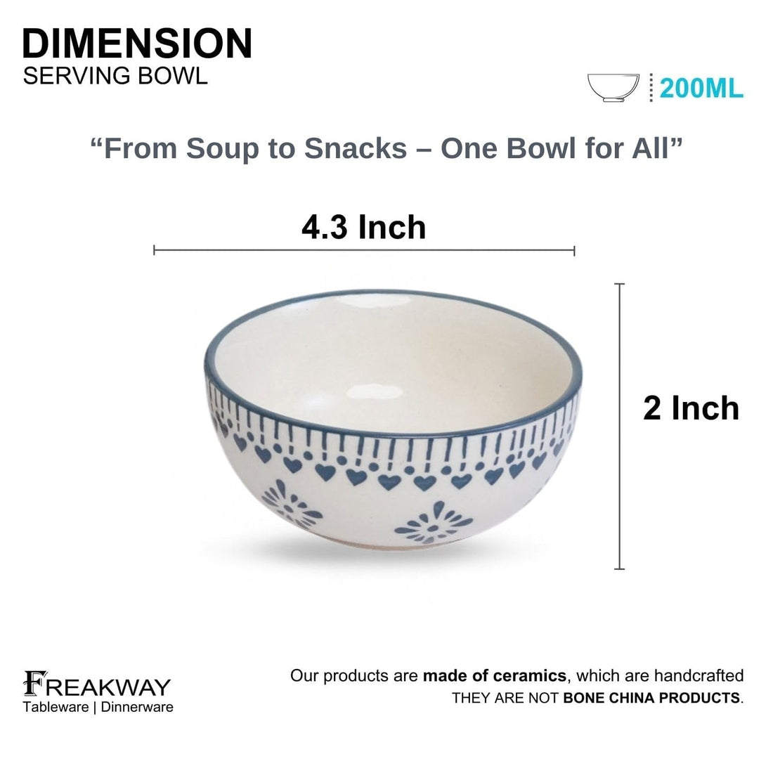 Freakway Handcrafted Ceramic Serving Bowls Set | 200 ML | Microwave Safe, Chip-Resistant Stoneware for Soup, Snacks & Desserts (Set of 4, Grey & White)