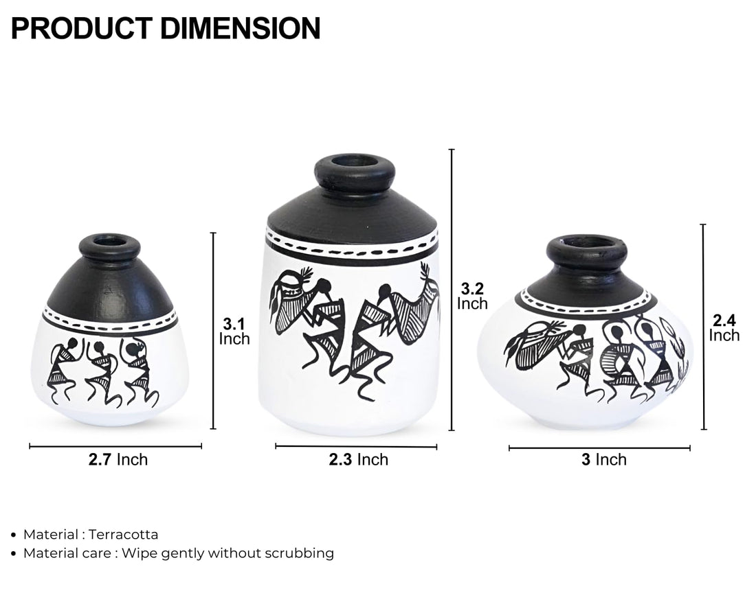 Freakway ‘Warli’ White Hand-Painted Terracotta Pots Vases for Home Decor | Flower Vase, Terracotta Decorative Showpiece Earthenware | Miniature Pots Artifacts for Living Room - (Set of 3)