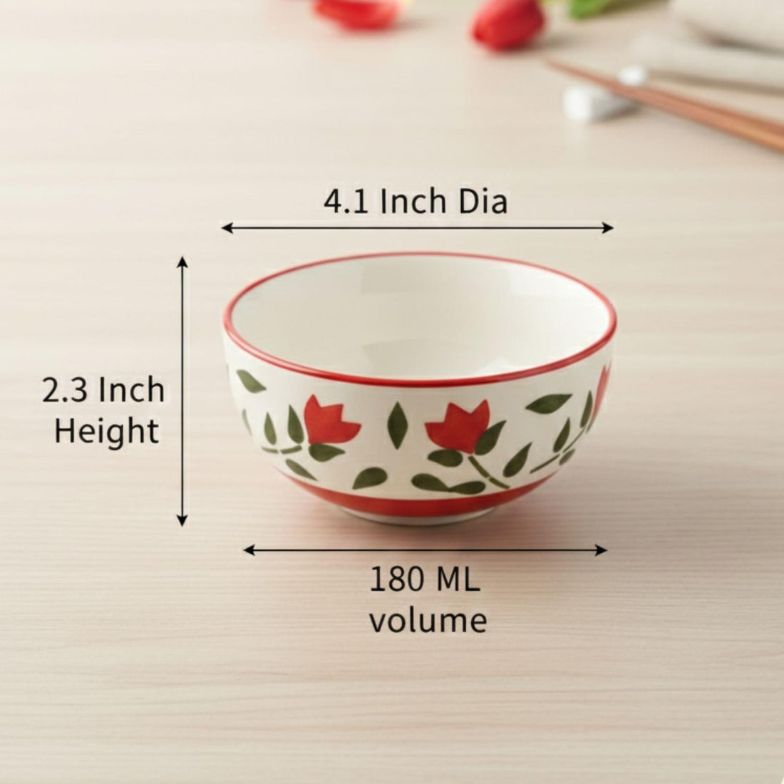 Freakway Ceramic Tulip Small Bowls, 180ml Capacity, 4.1" Diameter Mini Dessert & Snack Bowls with Red Floral Design, Microwave & Dishwasher Safe Porcelain, Set of 2