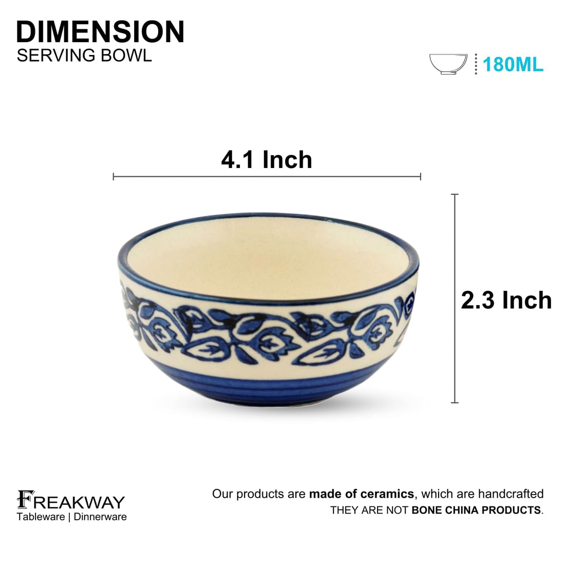 Freakway Ceramic Serving Bowls Set of 4-150ml Hand-Painted Blue White Floral Design | Microwave Safe Small Bowls for Soup Cereal Chutney