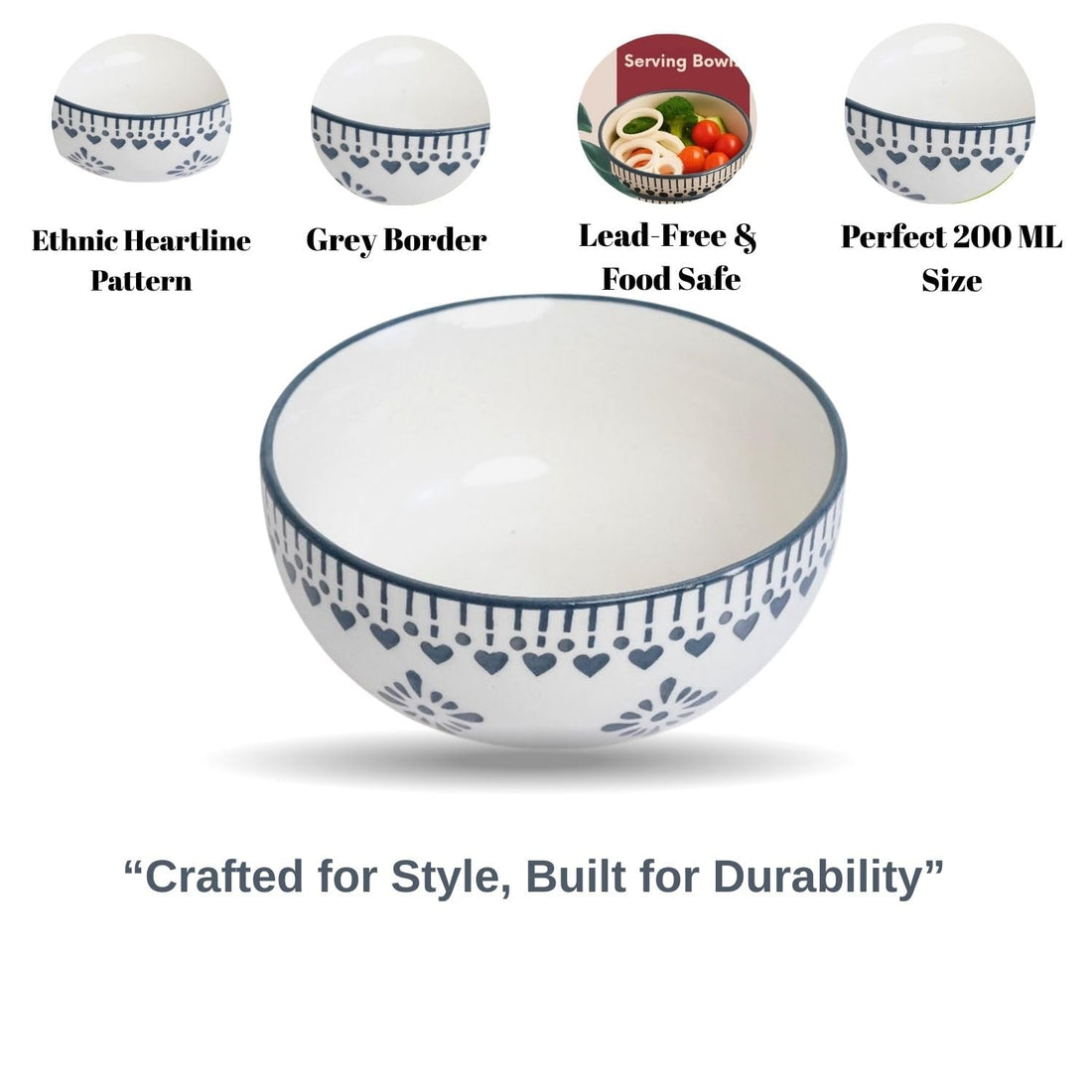 Freakway Handcrafted Ceramic Serving Bowls Set | 200 ML | Microwave Safe, Chip-Resistant Stoneware for Soup, Snacks & Desserts (Set of 2, Grey & White)