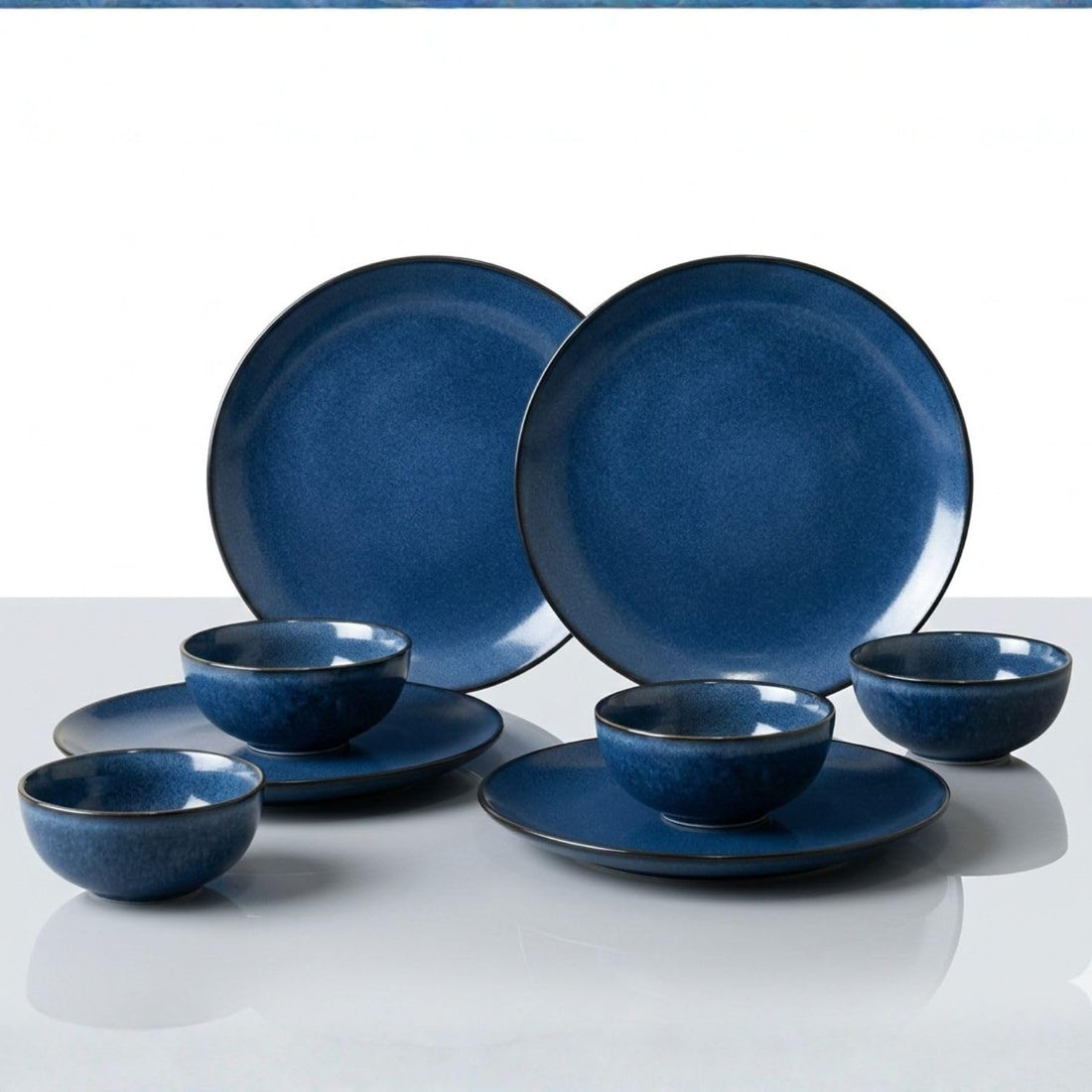 Freakway Reactive Glaze Dinner Set, Midnight Blue, Stoneware, 8 Piece, 4 Dinner Plates and 4 Serving Bowls