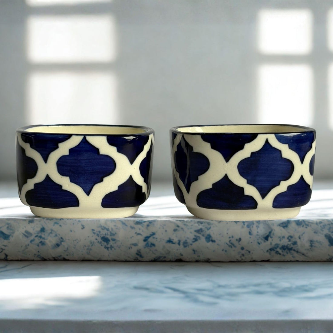 Freakway Designer Ceramic Dip Bowls Set | Navy Blue Moroccan Pattern Serving Bowls for Condiments, Snacks & Dips | 2 Pieces, 40 ml