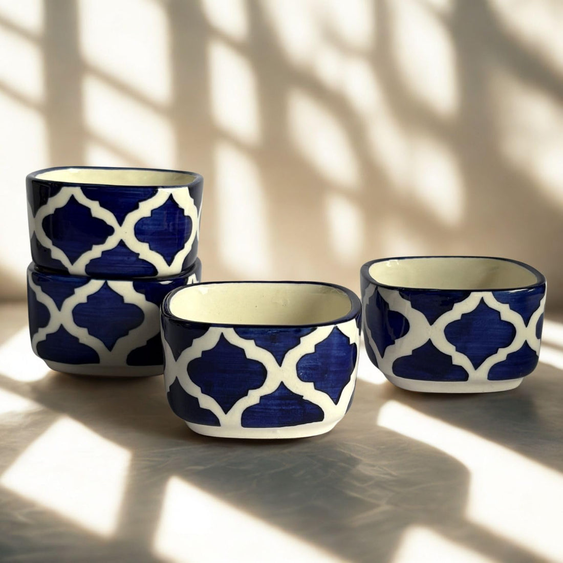 Freakway Designer Ceramic Dip Bowls Set | Navy Blue Moroccan Pattern Serving Bowls for Condiments, Snacks & Dips | 4 Pieces, 40 ml