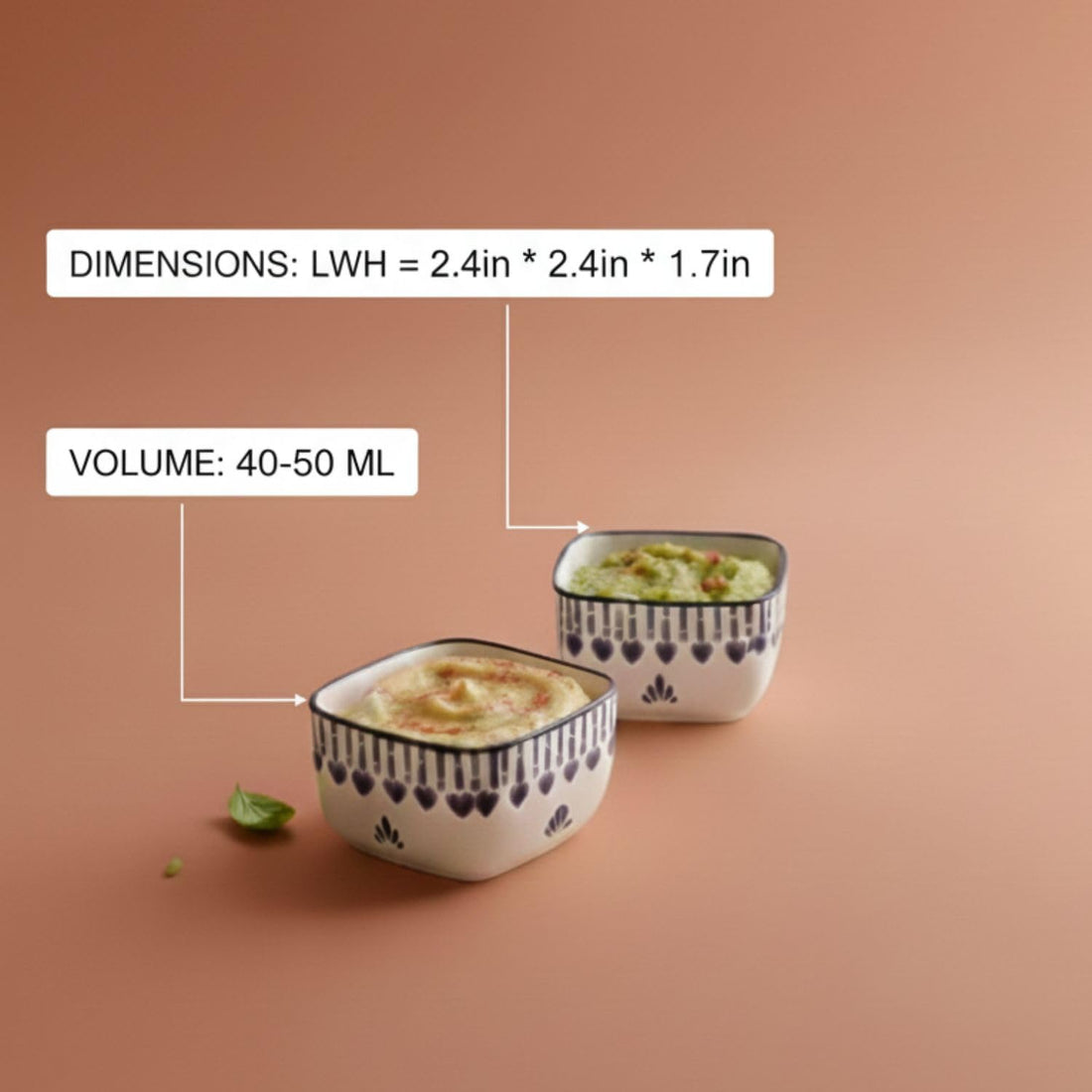Freakway Blue and White Ceramic Dip Bowls Set of 4, Square Shape, Decorative Pattern, for Appetizers, Sauces, Condiments, Snacks