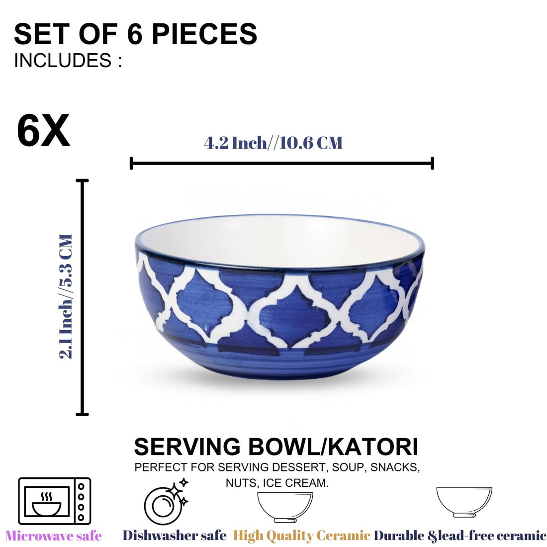 Freakway Handcrafted Blue & White Patterned Ceramic Bowls – Pack of 6