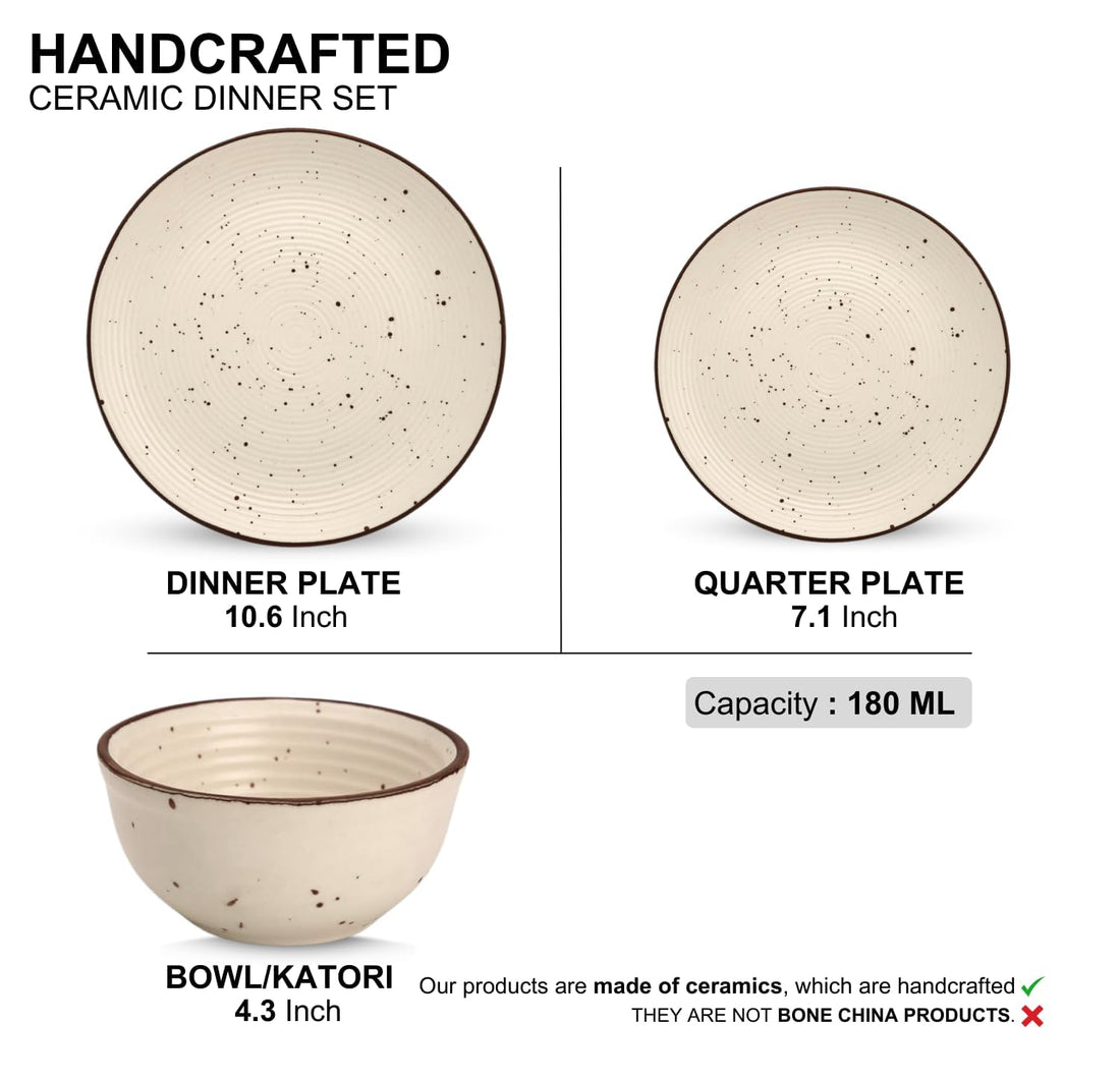 Freakway Dinner Set, Ceramic Dinnerware with Brown Rim, Speckled Beige Design, 18 Pieces