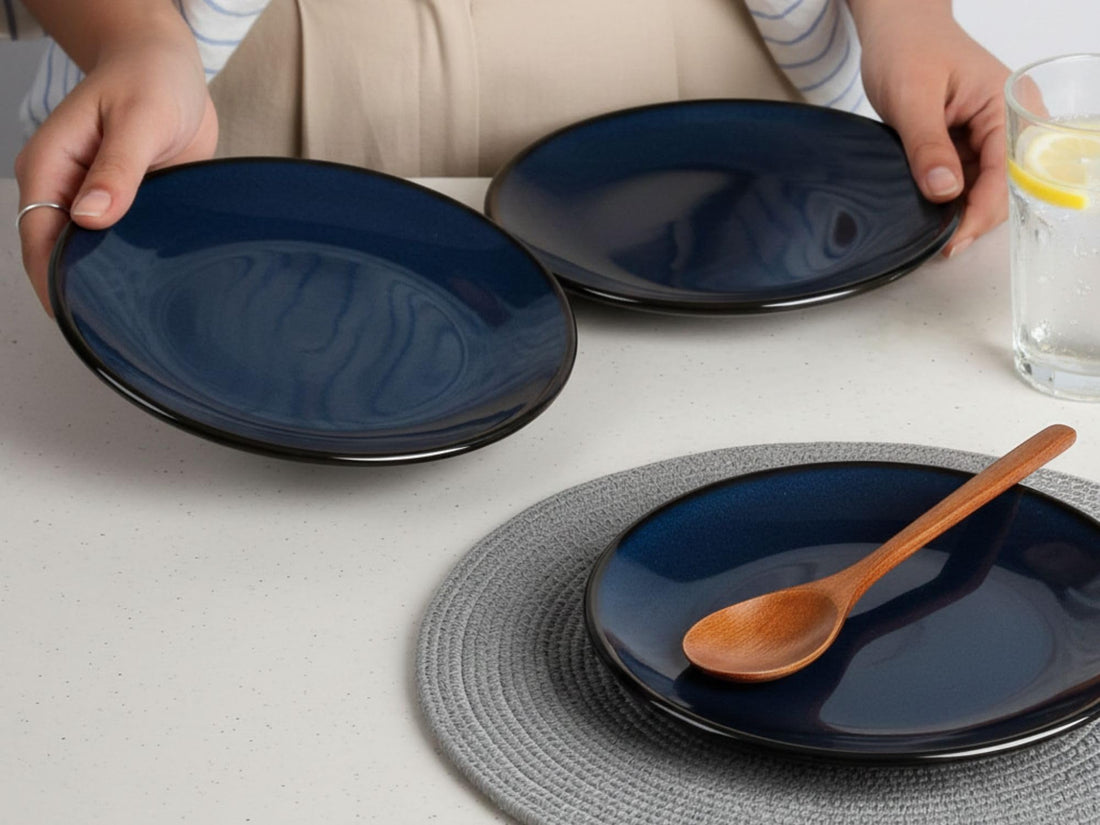 Freakway Elegant Ceramic Round Quarter Plate Set, Midnight Blue, 7.5 Inch, Glossy Finish, Set of 6, Ideal for Parties and Daily Meals