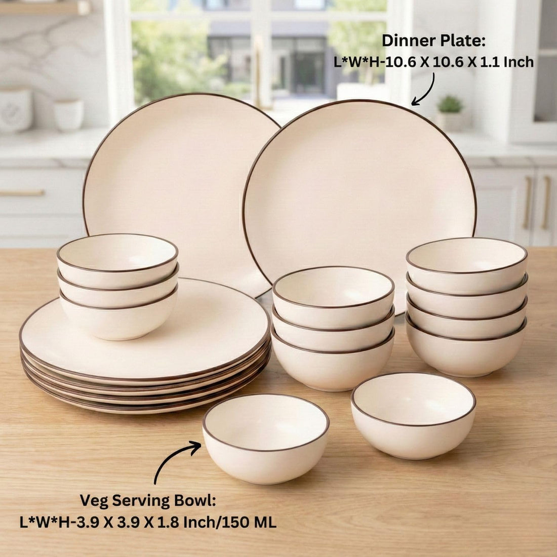 Freakway Minimalist Cream Ceramic Dinnerware Set - 18 Piece(6 Dinner Plates +12 Bowls) Stoneware Dishes with Hand-Painted Brown Rim - Service for 6 - Microwave & Dishwasher Safe-Ivory White