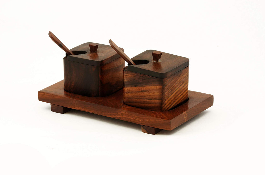 Freakway Sheesham Wood Serving Jar Set with Tray and Spoon for Home Kitchen and Restaurants Decor, 50 ml, Brown -2-Pieces