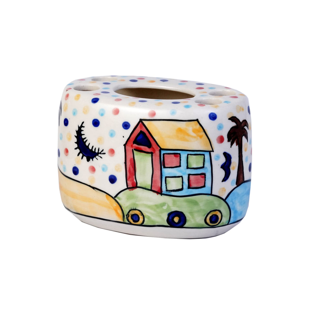 The Hut Essentials' Hand-Painted Ceramic Bathroom Accessory Set of 3 (Liquid Soap Dispenser, Soap Tray, Toothbrush Holder), Multicolor-Little Nasty-Collection