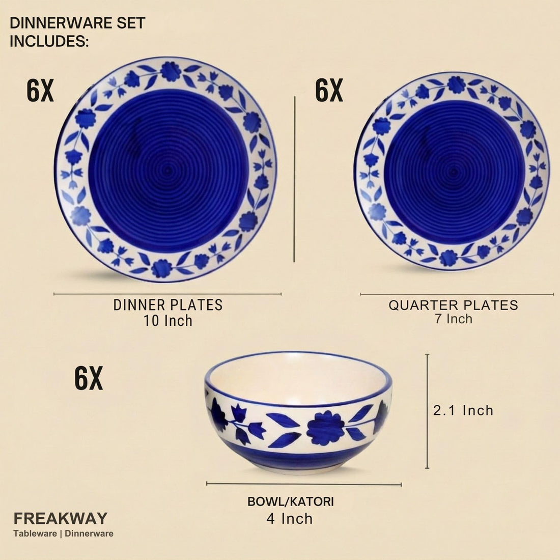 Ceramic Dinner Set, Blue and White Floral Design, 18 Pieces, Microwave and Dishwasher Safe